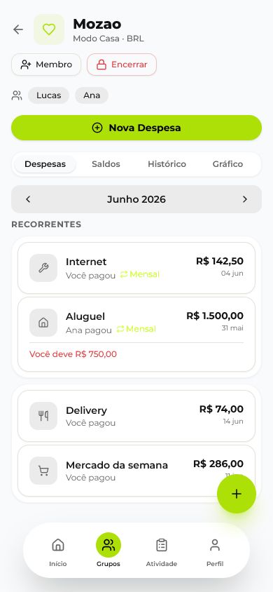 Tela do Pagae mostrando despesas do mes para um casal